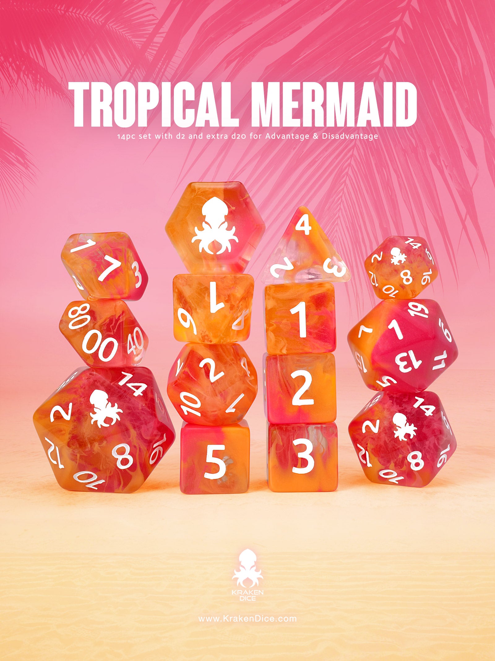 Tropical Mermaid 14pc Dice Set inked in White